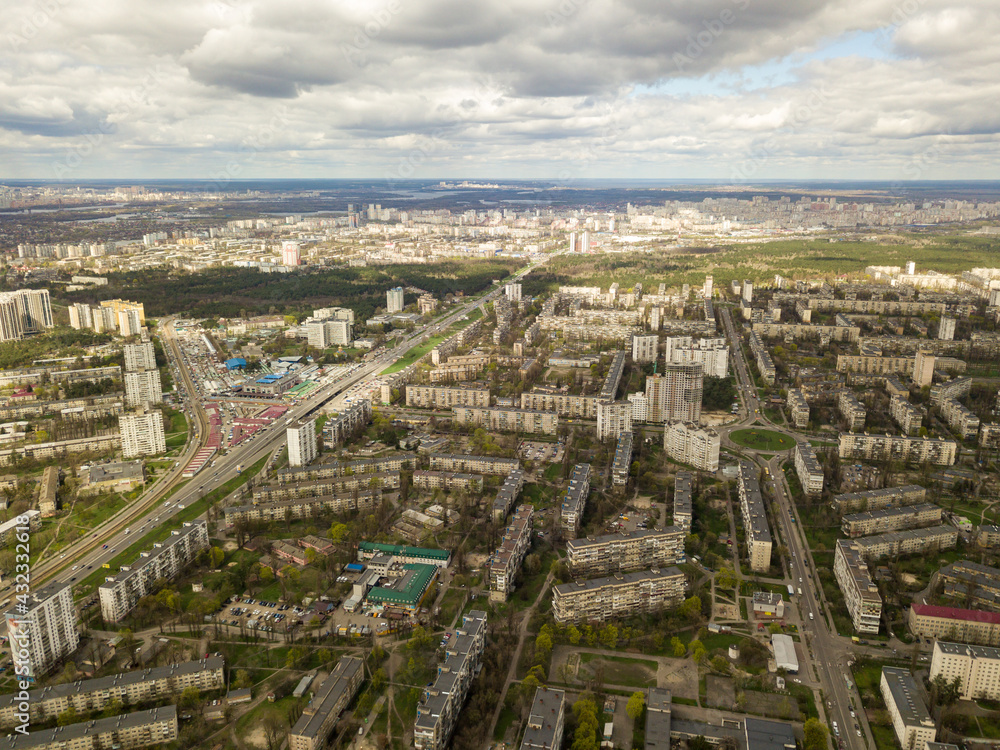 Fototapeta premium Residential buildings in Kiev. Aerial drone view.