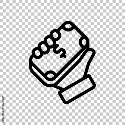 Hand and money, giving a cash, simple icon. Black editable linear symbol on transparent background