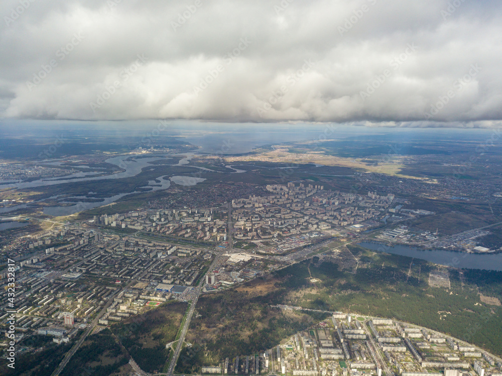 The city of Kiev in cloudy weather. Aerial high view.