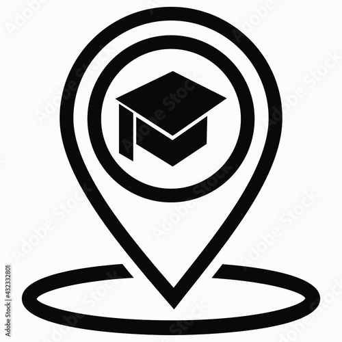 Location icon and academic cap. GPS  University. Geotag of the educational institution. Institute icon. Vector icon. 