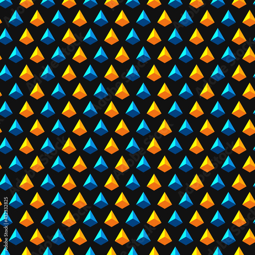 Seamless abstract pattern with triangles and pyramids. Vector colored background.