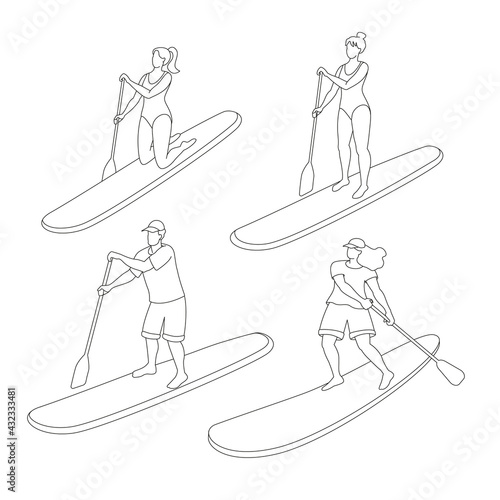 Set of standing and kneeling three women and one man paddling with paddle board on the water. Sup boarding outdoor activity. Vector isolated illustration in line art style. 
