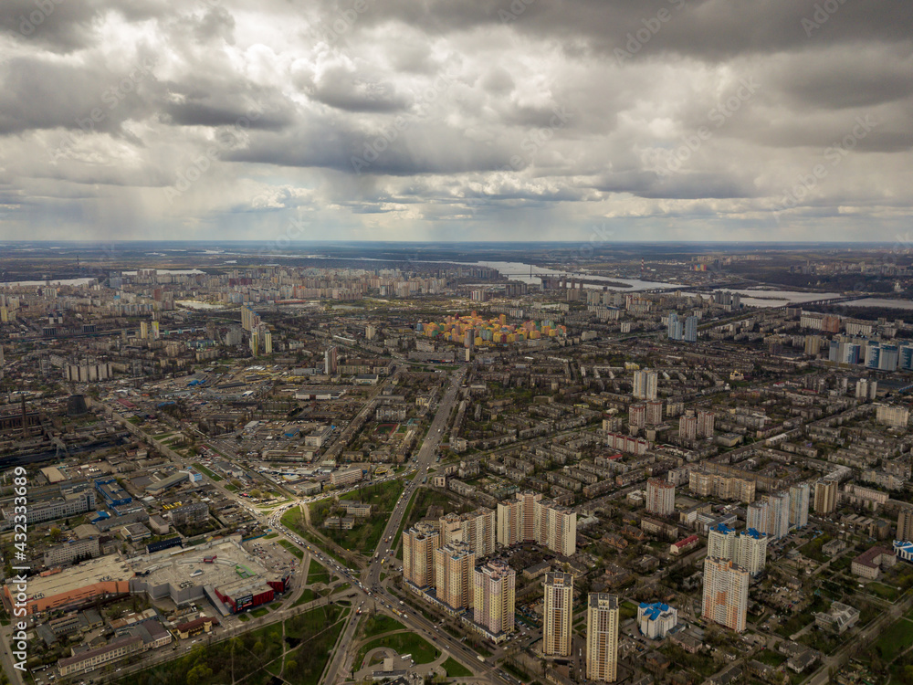 The city of Kiev in cloudy weather. Aerial high view.
