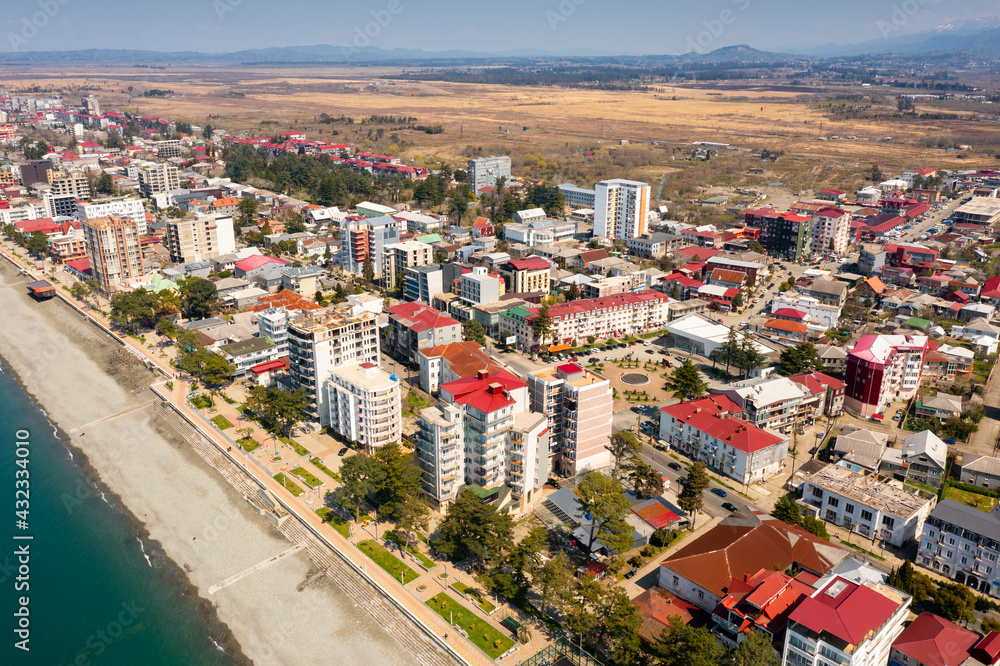 Aerial view of the city of Kobuleti on sunny spring day, Georgia