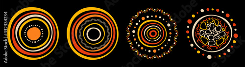 Set of stylized suns. Australian art. Aboriginal painting style. Smooth round shapes, circles isolated on black background. Doodle sketch style. Vector color illustration.