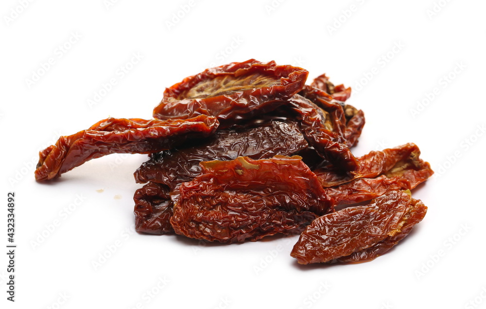 Sun dried tomatoes pile isolated on white background