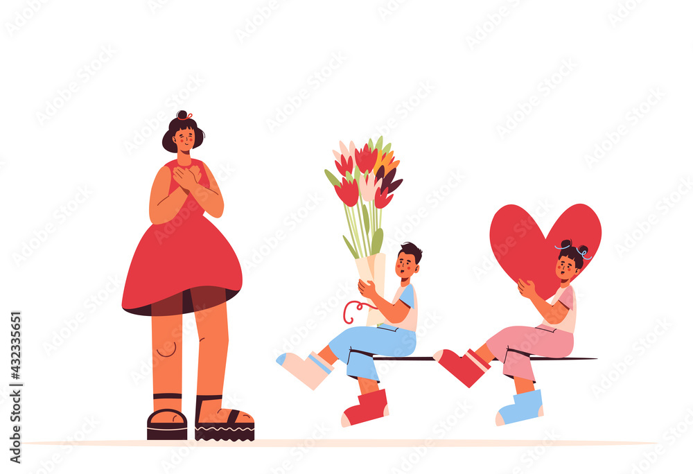 Happy Mothers Day! Twins children give gifts, flowers and heart. Son and daughter congratulate mom with bouquet of tulips on her birthday. Thankful gesture. Family. Isolated vector illustration. Happy Mothers Day! Twins children give gifts, flowers and heart. Son and daughter congratulate mom with bouquet of tulips on her birthday. Thankful gesture. Family. Isolated vector illustration.