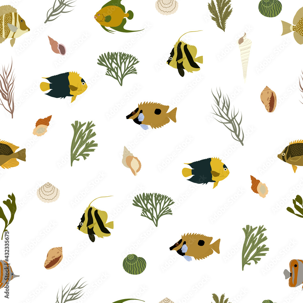 Fototapeta premium Seamless pattern with fish, seaweed and seashells. Backgrounds and wallpapers for invitations, cards, fabrics, packaging, textiles, posters. Vector illustration. 