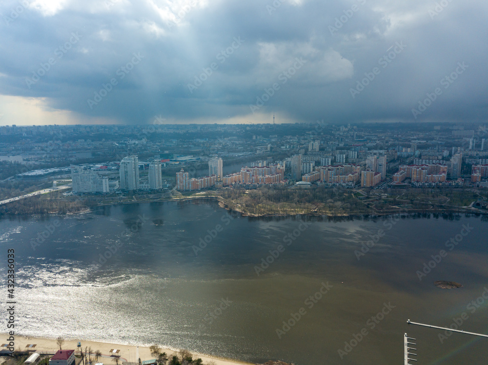 Obraz premium Dnieper river in Kiev in the afternoon. Aerial drone view.