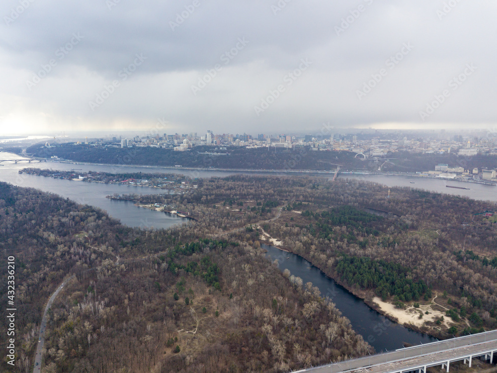 Dnieper river in Kiev in the afternoon. Aerial drone view.