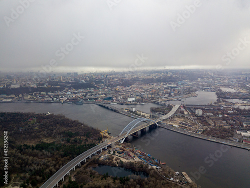 Dnieper river in Kiev in the afternoon. Aerial drone view.