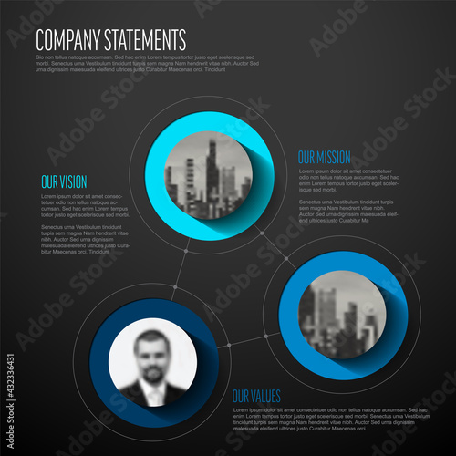 Company profile statement - mission, vision, values with photos dark version