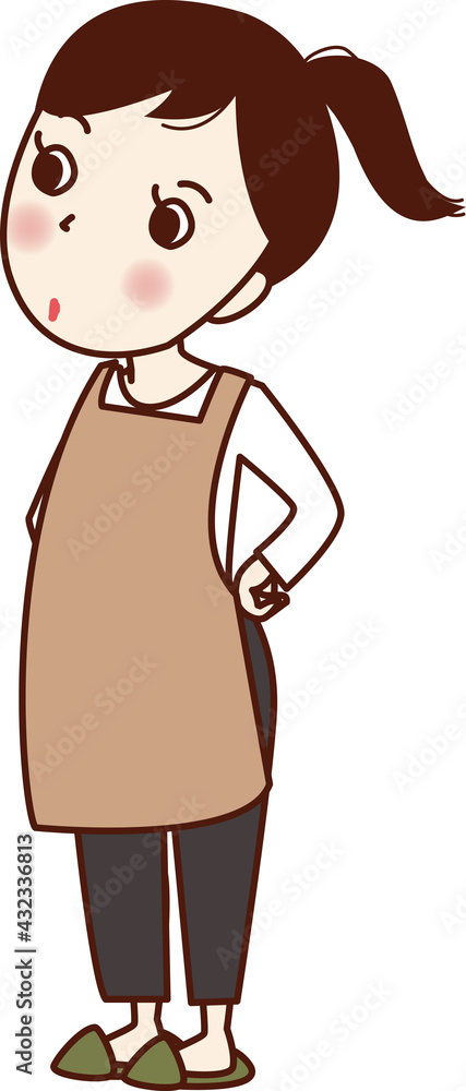 腰に手を当てて立っている女性。