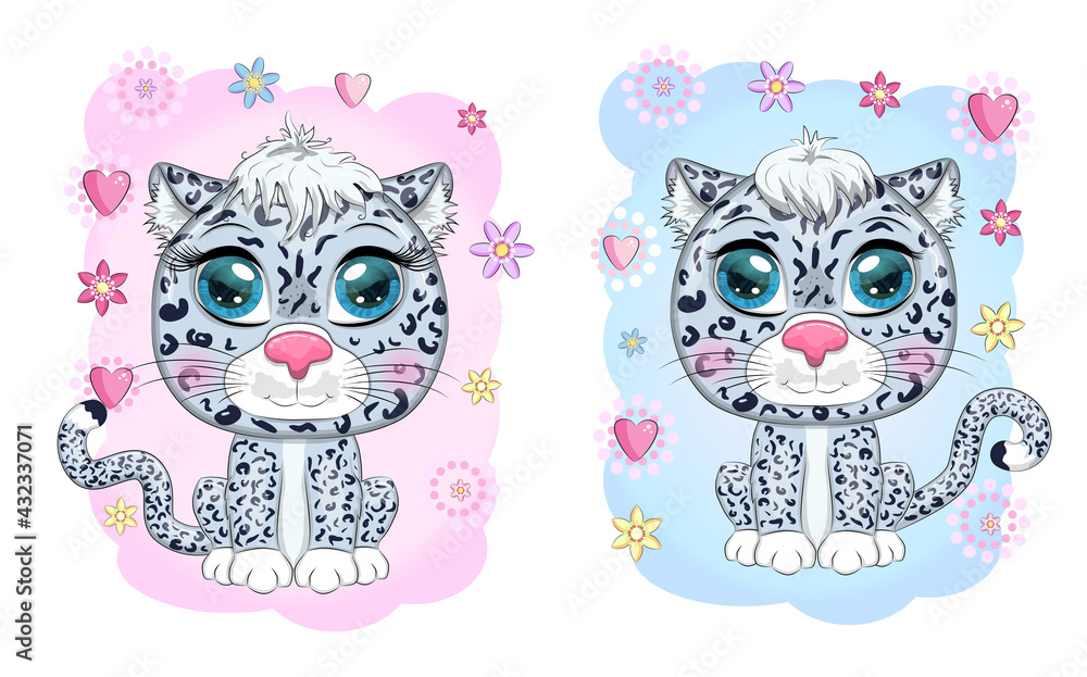 Cartoon snow leopard with expressive eyes. Wild animals, character, childish cute style. Cartoon snow leopard with expressive eyes. Wild animals, character, childish cute style.