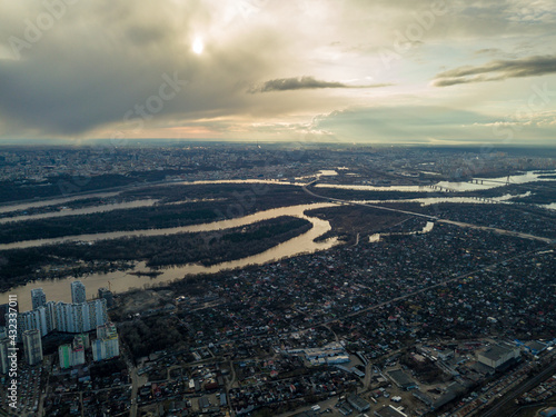 Dnieper river in Kiev at sunset. Aerial drone view.