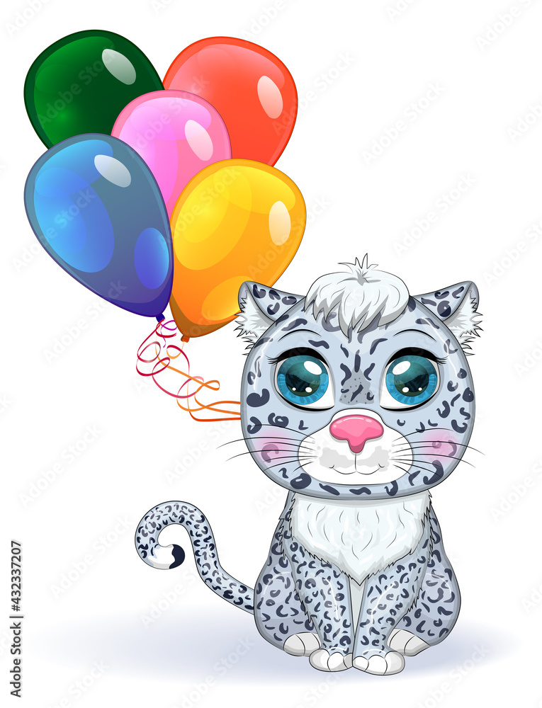 Cartoon snow leopard with expressive eyes. Wild animals, character, childish cute style. Cartoon snow leopard with expressive eyes. Wild animals, character, childish cute style.