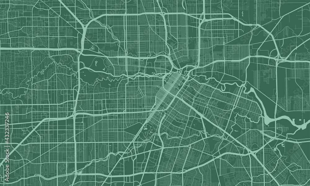 Green Houston city area vector background map, streets and water cartography illustration.