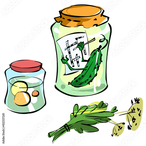 Glass jars with pickled vegetables. A pickled cucumber solves a crossword puzzle in a glass jar.