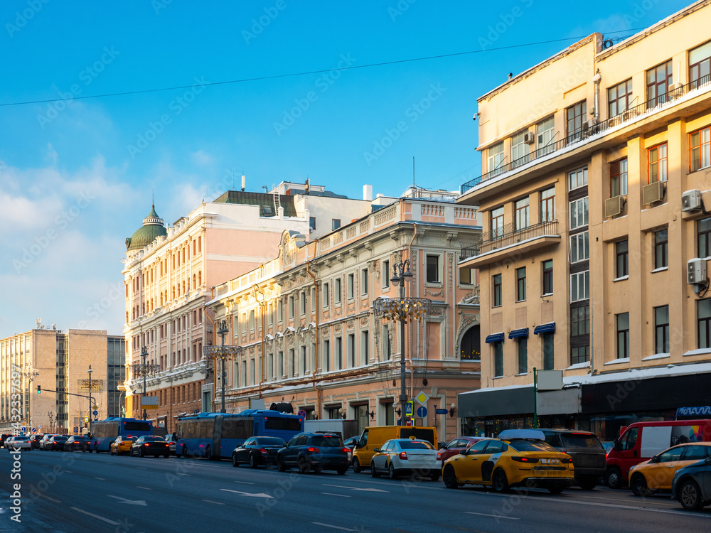Architecture of the city of Moscow, Tverskaya street in winter time, Russia
