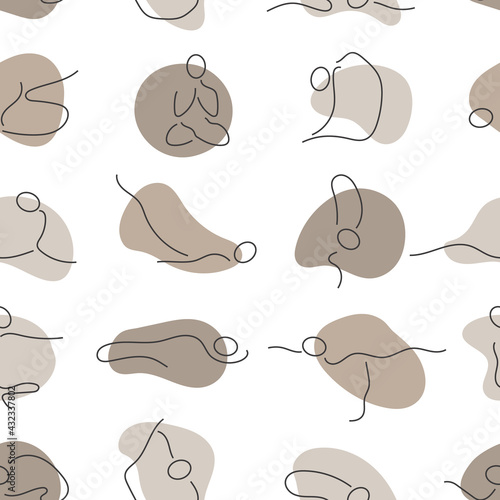 Yoga line seamless pattern. Outline sport icon minimalist texture. Hand drawn tutorial wallpaper background.