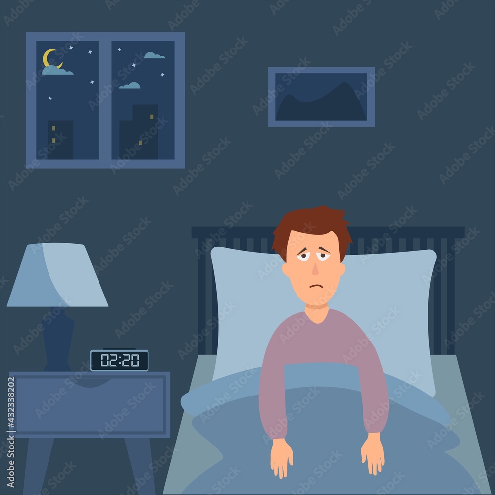 Sleepless man suffering from insomnia. Boy with open eyes in darkness night lying on bed.Concept vector illustration. Man try to sleep under blanket.Flat cartoon style vector illustration. Sleepless man suffering from insomnia. Boy with open eyes in darkness night lying on bed.Concept vector illustration. Man try to sleep under blanket.Flat cartoon style vector illustration.