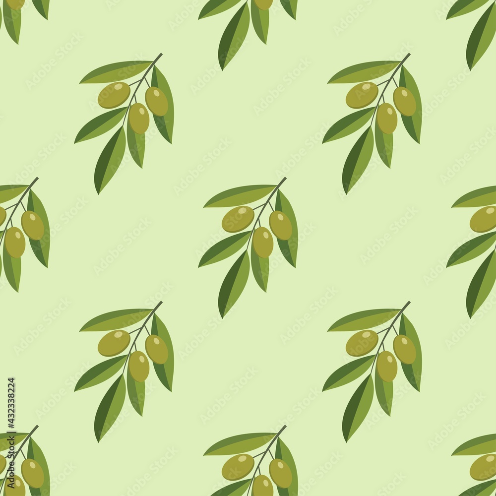 Vector seamless pattern with green olive tree branches. For the design natural organic cosmetics, wrapping paper, soap, olive oil. Vector illustration. Vector seamless pattern with green olive tree branches. For the design natural organic cosmetics, wrapping paper, soap, olive oil. Vector illustration.
