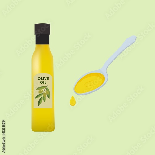 Olive oil glass bottle with Spoon of olive oil. Green olives on a branch.Vector illustration on white background.