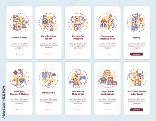 Hearing loss factors onboarding mobile app page screen with concepts set. Ageing, injury walkthrough 5 steps graphic instructions. UI, UX, GUI vector template with linear color illustrations