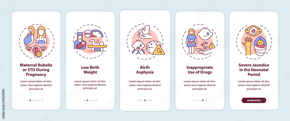 Congenital hearing loss causes onboarding mobile app page screen with concepts. Asphyxia, rubella walkthrough 5 steps graphic instructions. UI, UX, GUI vector template with linear color illustrations