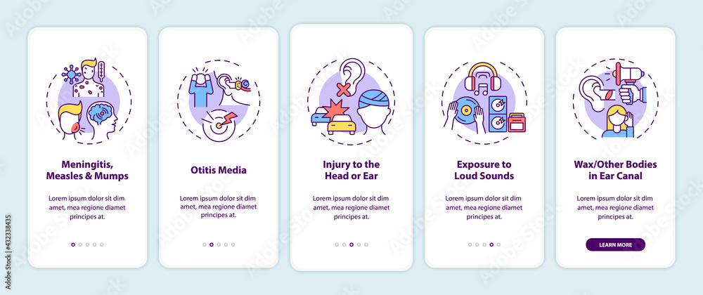 Acquired hearing loss causes onboarding mobile app page screen with concepts. Meningitis, otitis walkthrough 5 steps graphic instructions. UI, UX, GUI vector template with linear color illustrations Acquired hearing loss causes onboarding mobile app page screen with concepts. Meningitis, otitis walkthrough 5 steps graphic instructions. UI, UX, GUI vector template with linear color illustrations