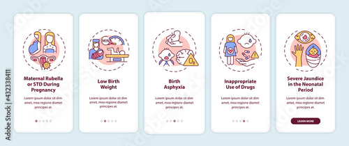 Congenital hearing loss causes onboarding mobile app page screen with concepts. Asphyxia, rubella walkthrough 5 steps graphic instructions. UI, UX, GUI vector template with linear color illustrations