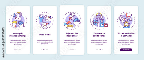 Acquired hearing loss causes onboarding mobile app page screen with concepts. Meningitis, otitis walkthrough 5 steps graphic instructions. UI, UX, GUI vector template with linear color illustrations