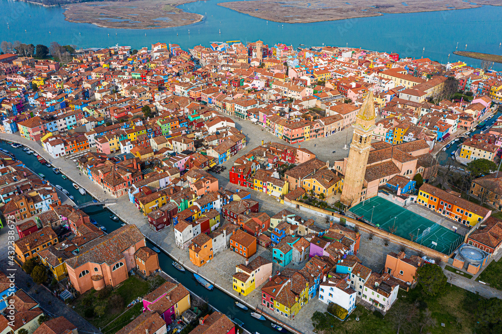 Aerial view of the colorful houses of the Burano Island