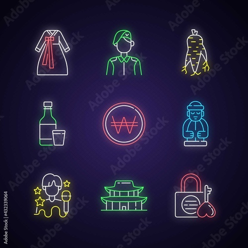 Culture of Korea neon light icons set. Hanbok clothing. Korean military. Ginseng root. Jeju island statue. Namsan love lock. Signs with outer glowing effect. Vector isolated RGB color illustrations