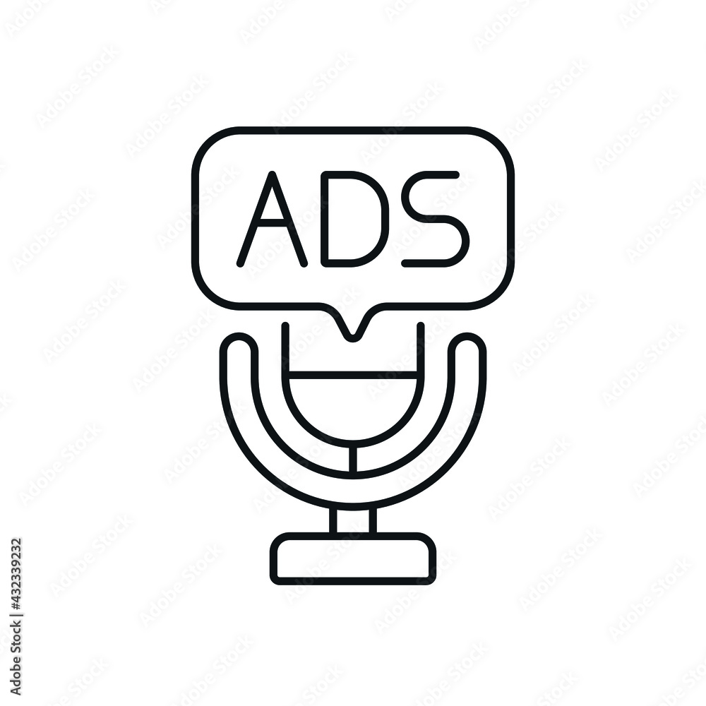 Microphone and ads linear icon. Podcast. Thin line customizable illustration. Contour symbol. Vector isolated outline drawing. Editable stroke Microphone and ads linear icon. Podcast. Thin line customizable illustration. Contour symbol. Vector isolated outline drawing. Editable stroke