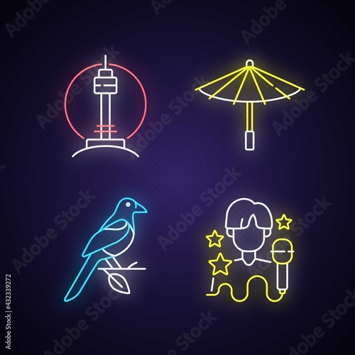 Korean traditions neon light icons set. N Seoul tower. Traditional umbrella. Oriental magpie. K pop musician. Signs with outer glowing effect. Vector isolated RGB color illustrations