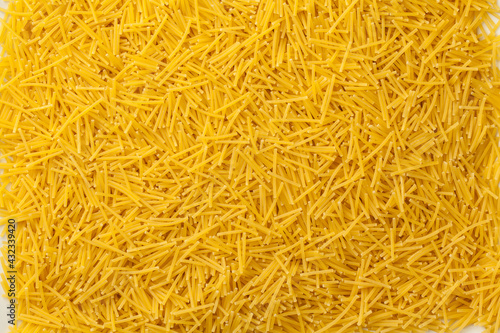 Cut Spaghetti ("Spaghetti Tagliati" or "Spaghetti Spezzati"), Original Italian Pasta Variety Background on White – Detailed Close-Up Macro, High Resolution, Top View, from Above 