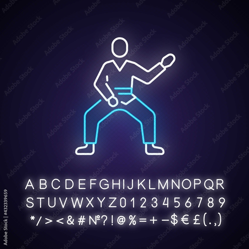 Taekwondo neon light icon. Martial arts. Karate fighter. Japanese jiu jitsu. Korean culture. Outer glowing effect. Sign with alphabet, numbers and symbols. Vector isolated RGB color illustration Taekwondo neon light icon. Martial arts. Karate fighter. Japanese jiu jitsu. Korean culture. Outer glowing effect. Sign with alphabet, numbers and symbols. Vector isolated RGB color illustration