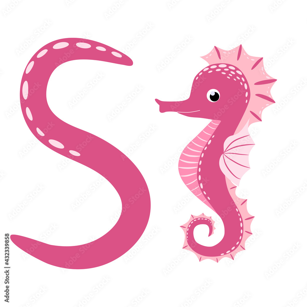 Fototapeta premium Sea horse. S letter. Cute children animal alphabet. Funny cartoon animals