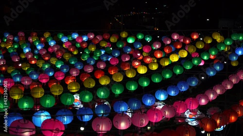 Busan,Korea-May-06-2021 Lotus lanterns to celebrate Buddha's birthday at Korean Temple in Busan