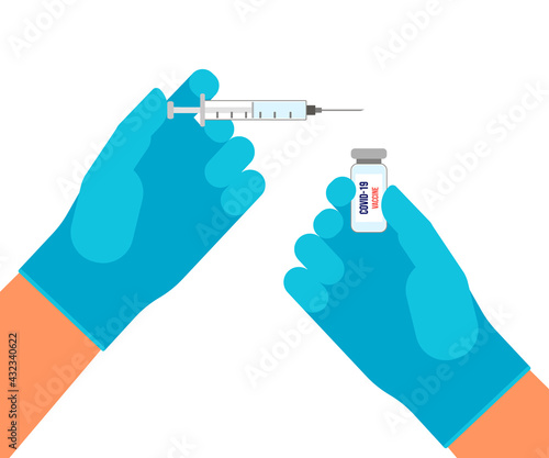 Syringe and bottle with vaccine COVID 19 for coronavirus cure in doctor hand, protection and immunization. Concept of corona virus treatment, prevention, injection, medical shot during pandemic.Vector
