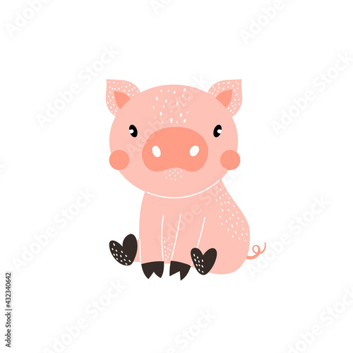 Vector illustration with cute pig on a white background. Vector funny animal for baby graphic suit printing. Farm. Funny animal great for fabric and textile, wallpapers, kids nursery wear design.