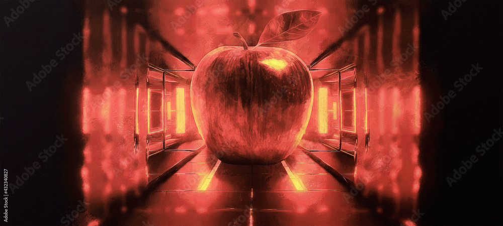 A giant apple on the floor. Red lighting. Futuristic background