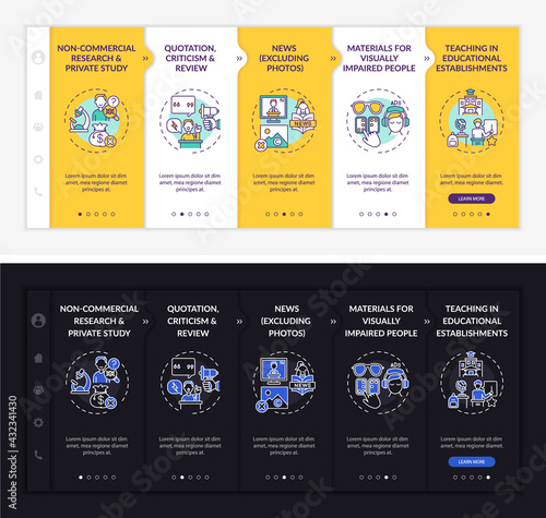 Copyright specificity onboarding vector template. Responsive mobile website with icons. Web page walkthrough 5 step screens. Teaching, research night and day mode concept with linear illustrations