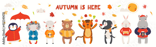 Cute little animals, falling leaves, quote Autumn is here, isolated on white. Hand drawn vector illustration. Scandinavian style flat design. Concept for kids fashion, textile print, poster, card.