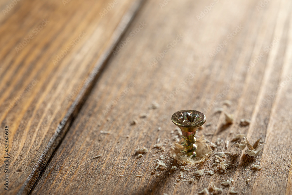 Self-tapping screw screwed into a wooden board close-up. Screw for wood Self-tapping screw screwed into a wooden board close-up. Screw for wood
