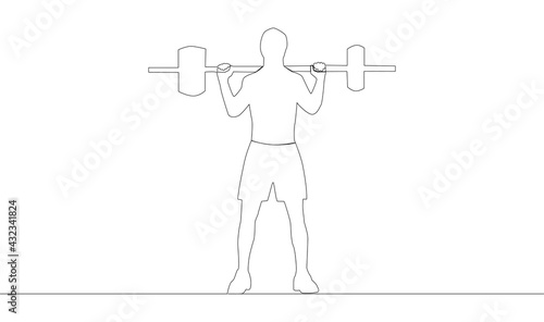 Single continuous line drawing of young strong weightlifter man preparing for barbell workout in gym.