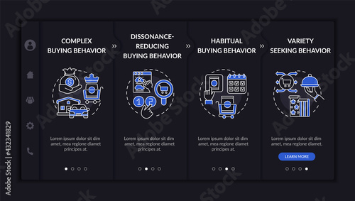 Purchaser behavior types onboarding vector template. Responsive mobile website with icons. Web page walkthrough 4 step screens. Complex, habitual behavior night mode concept with linear illustrations