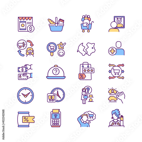 Fototapeta Naklejka Na Ścianę i Meble -  Consumer experience RGB color icons set. Marketing strategy. Purchasing process. Financial losses. Payment terminal. Clock. Choosing specific product. Discount, deal. Isolated vector illustrations