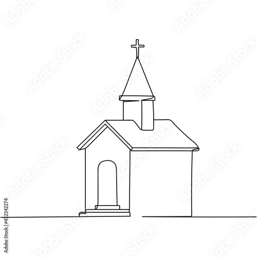 Continuous one line of church in silhouette. Linear stylized pray concept. Minimal style.